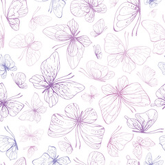 Butterflies are pink, blue, lilac, flying, delicate line art, clip art. Graphic illustration hand drawn in pink, lilac ink. Seamless pattern EPS vector.