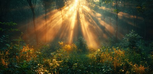 Ethereal light rays over stream in lush forest