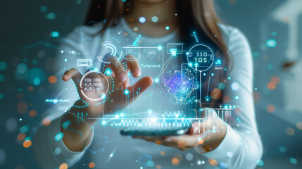 Young woman holds smartphone showing holographic technology cyber internet official online business connection