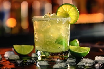 A refreshing caipiroska cocktail in a short glass, with muddled lime wedges, sugar, and vodka, served over crushed ice