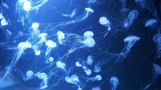 Medusas swims underwater. Beautiful jellyfishes swims in big aquarium