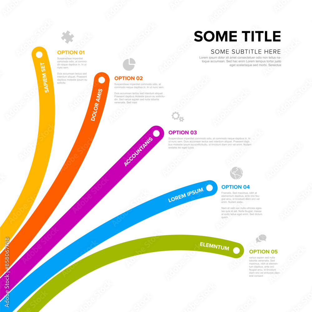 Poster simple diagonal infographic with title and five arrows pointing on element option items