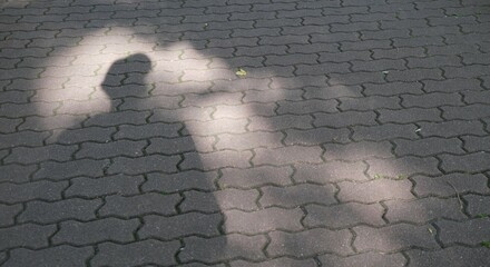 Surreal image formed by a shadow. Projection of shadow on the urban pavement creating a textured chiaroscuro effect.