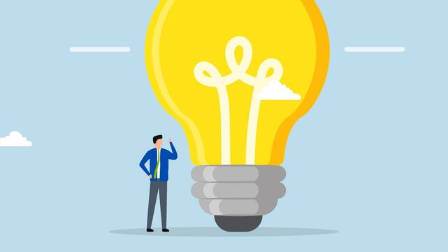 Think big, 4k animation of businessman entrepreneur who thinks with big oversized idea bulb.