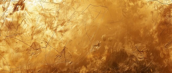 An abstract golden textured background with scratches and uneven surfaces, creating a rustic and dynamic metallic atmosphere.