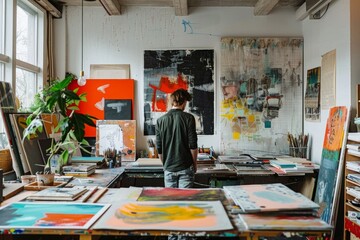 Artist Creating Contemporary Artwork in Sunlit Studio Space