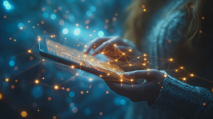a person holding a tablet with a digital line dot on the screen, linked to a neural network-like structure of lines and dots to symbolize the convergence of data analysis and communication technology.