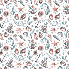 Various broken seashells and starfish on a white background. Watercolor illustration. Seamless pattern from the collection of WHALES. For fabric textiles, wallpaper, packaging beach and summer prints