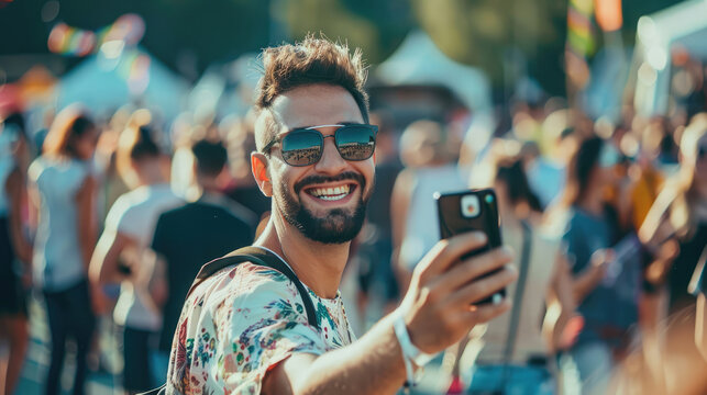 A man is taking a selfie at a lively outdoor festival surrounded by a crowd