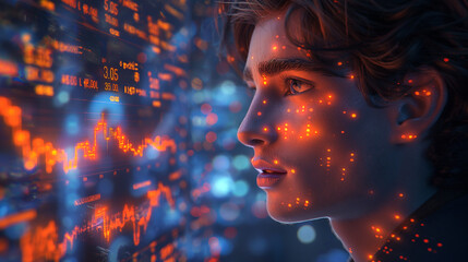 Businessman with a serious expression looks  at a digital stock market display, the bright colors and intricate graphs of the data creating a visually striking backdrop.