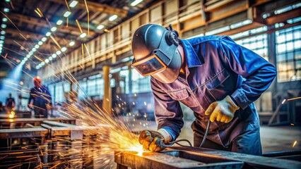Industrial workshop setting with welding machine, protective gear, and sparks flying, evoking a sense of intensity and skill in a typically male-dominated profession.