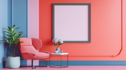 A modern living room interior design with pink, blue, and orange walls, featuring a pink chair, a plant in a pot, and a blank frame