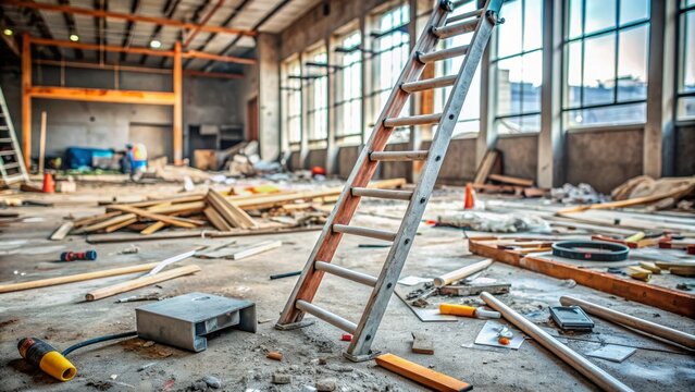 Abandoned ladder lies on the floor of a construction site, surrounded by scattered tools and debris, indicating a recent workplace accident.