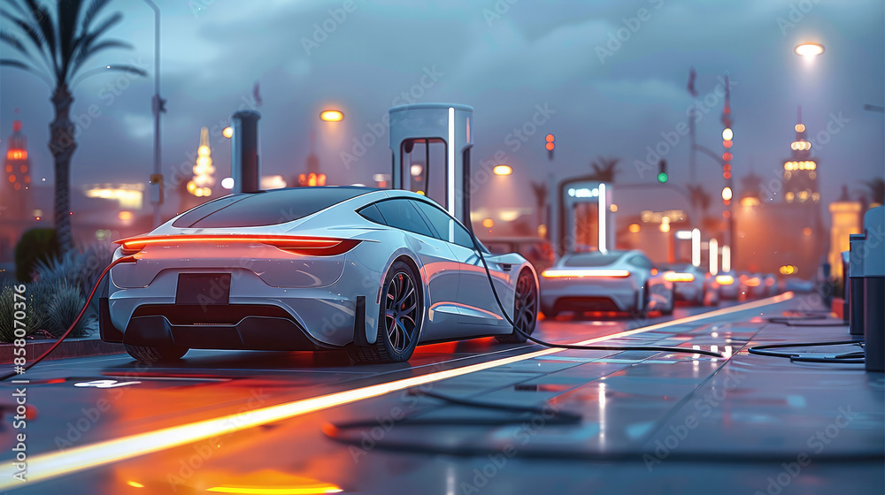 Poster A modern charging station in the foreground, The charging station have a sleek and modern design, highlighting its functionality and efficiency. EV car. Generative AI.