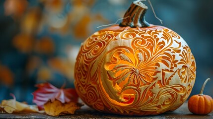 intricately carved pumpkin art on table with detailed designs, highlighting pumpkin concept with space for text