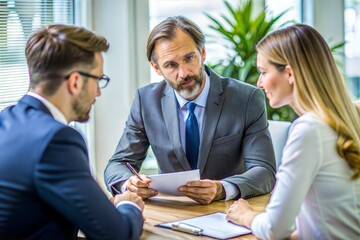 Diverse Team Reviewing Contract - Multi-ethnic group of businesspeople discussing a contract.
