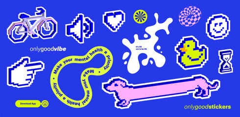 Pixel art, Y2k retro sticker pack. Funny naive design elements. Blue 8bit game icons, Kids Print with Nice Text for cover, t-shirt. geometric shape, pixelated cursor, bicycle, emoji, rubber duck