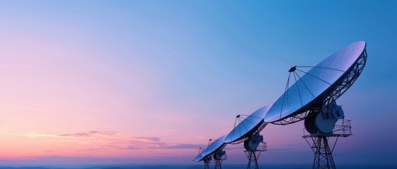 Large Satellite Dishes in a Row Against a Beautiful Sunset Sky - Modern Technology and Communication Concept