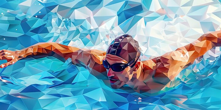 a image of a man swimming in a pool with a blue background