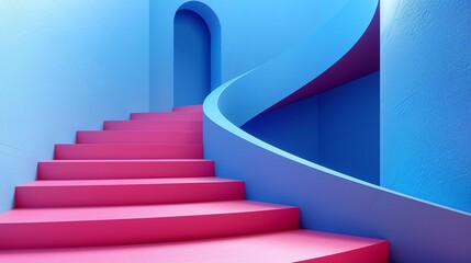 Abstract Pink and Blue Stairway with Curved Wall and Door