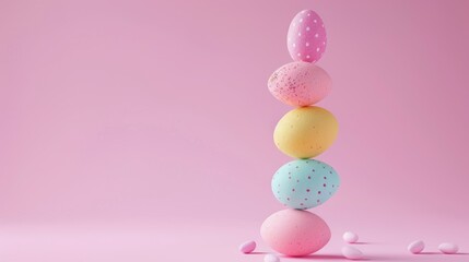 Colorful Easter eggs stacked on pink background floating and balancing Creative holiday concept