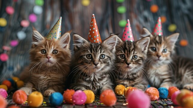 cute kittens in party hats with cat toys, celebrating international cat day embracing feline festivity with charm - Powered by Adobe
