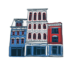 Vector doodle sketch of three old houses drawn in black, blue, and red.