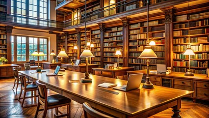 Library tables scattered with open books, research papers, and laptops, surrounded by shelves of academic journals and book spines, with warm lighting and natural wood tones.