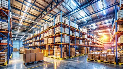 Racks of inventory stretch towards the ceiling in a bustling warehouse, with boxes and pallets ready for shipment, amidst a backdrop of industrial equipment and crates.