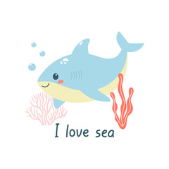 Hand drawn cute shark, seaweeds and text. Marine life animals. Template for print, greeting card and invitation. 