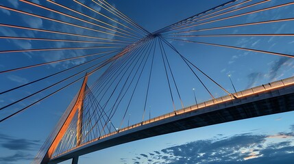 Fototapeta premium architectural view of a suspension bridge at dusk