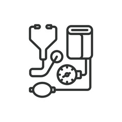 Blood Pressure Measurement, in line design. Blood, pressure, measurement, sphygmomanometer, cuff, health, monitor on white background vector. Blood Pressure Measurement editable stroke icon.