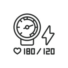 Blood Pressure Measurement, in line design. Blood, pressure, measurement, sphygmomanometer, cuff, health, monitor on white background vector. Blood Pressure Measurement editable stroke icon.