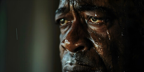 Obraz premium A close-up of a man’s tear-streaked face, looking lost.