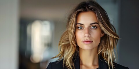 Fototapeta premium Chic young woman with gorgeous hair post-salon appointment. Concept Hair Styling, Salon Experience, Fashion Forward, Confidence Boost, Beauty Makeover