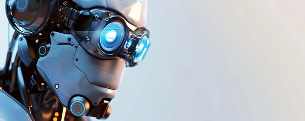 Futuristic robot with artificial Intelligence technology background banner with copy space area for text presenation.