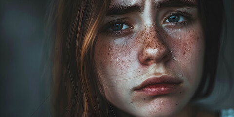 A teenager with a tear-stained face, looking defeated.



