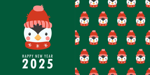 Happy new year 2025 greeting card with cute penguin in knitted hat and scarf. Seamless pattern with penguin. Holiday cartoon character in winter season. Flat vector illustration
