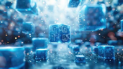Blue and white background, light blue cubes with icons of different products floating in the air, digital technology style, 3D rendering. Generative AI.