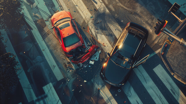 dramatic traffic accident, with a crash of two broken and dented cars on the road. Street view from above with a terrible situation for recklessness when complying with traffic regulations