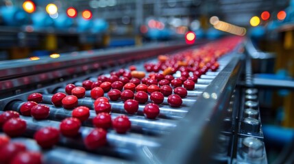 Obraz premium This image depicts a production line conveyor belt carrying a mixture of red and orange tablets, illustrating the streamlined process and high output of tablet manufacturing.