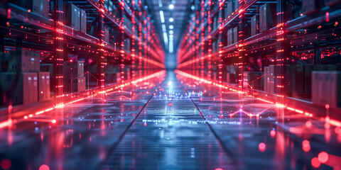 A futuristic warehouse with rows of shelves illuminated by red lights. A pathway stretches towards the horizon, creating an illusion of endless data flow