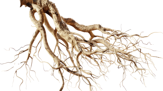 Photograph of a close-up view of a legume's intricate root system, its tendrils and nodules reaching out into the transparent background.