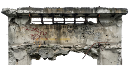 Photograph of a crumbling concrete wall with exposed rebar and graffiti, set against a transparent background.