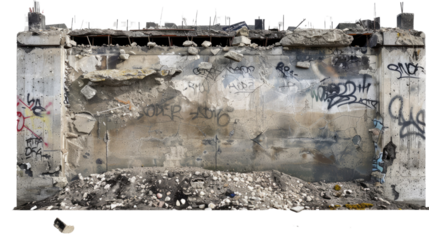 Photograph of a crumbling concrete wall with exposed rebar and graffiti, set against a transparent background.