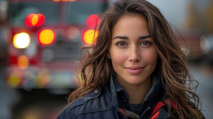 Obraz premium A female firefighter with a warm smile, dressed in her uniform, with a firetruck and emergency lights in the backdrop, symbolizing bravery, dedication, and community service.
