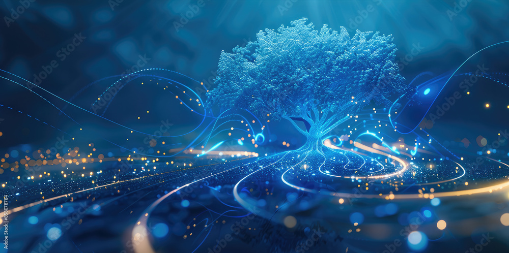 Aufkleber a blue background and glowing light form the shape of an artificial intelligence tree. generative ai