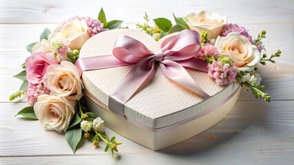 Elegant heart-shaped gift box adorned with fresh flowers, surrounded by subtle decorative elements, on a soft white background, awaiting personalized message.