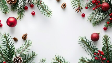Beautiful Christmas flat lay with red baubles, pine cones, and green fir branches artistically arranged on a white backdrop with copy space, evoking the festive atmosphere of the holiday.