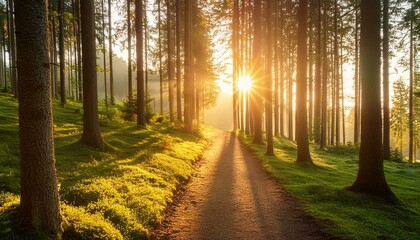 Obraz premium Footpath in the forest with sunrise